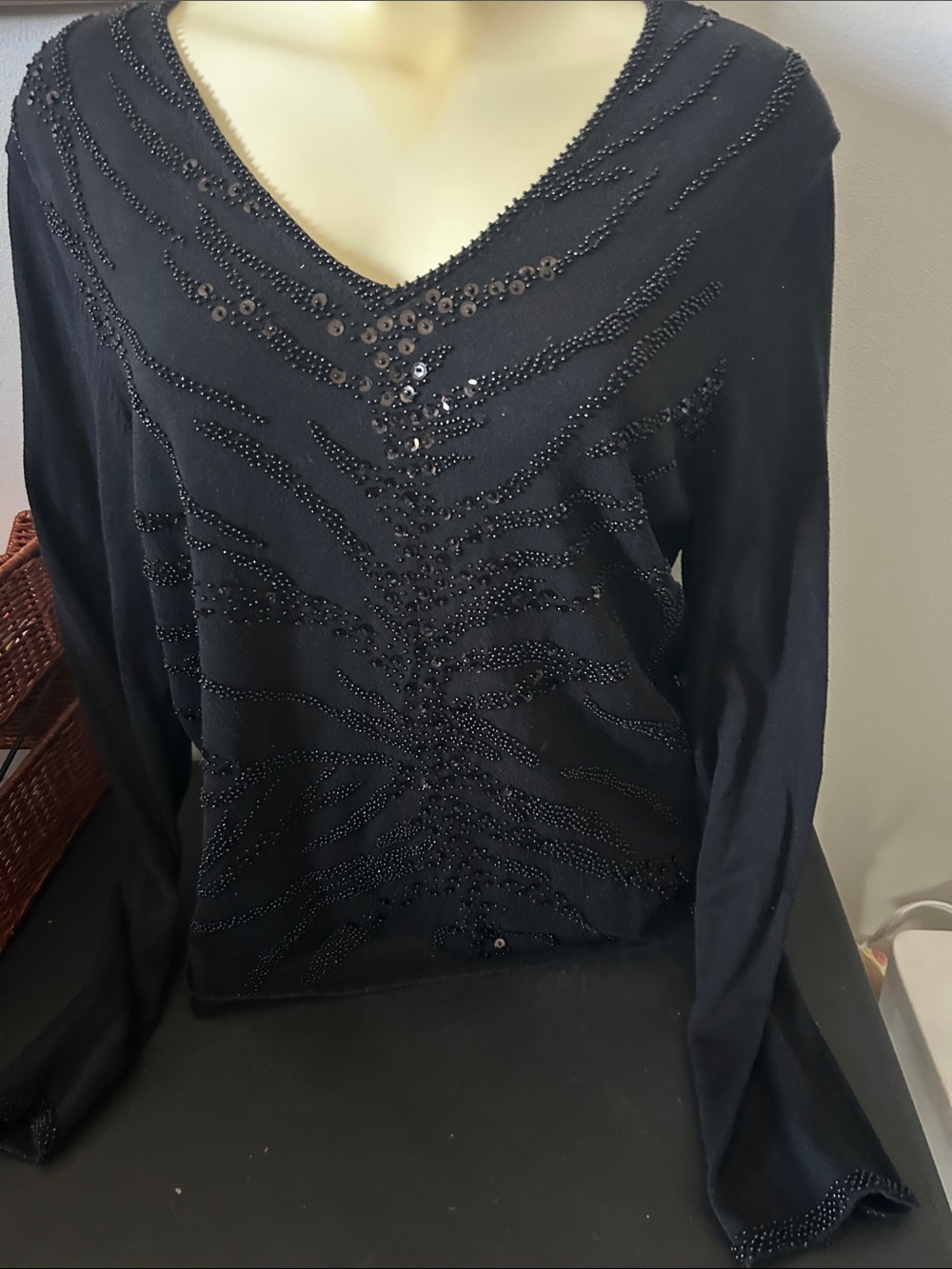 Talbots Black V-Neck Beaded and Sequin Embellished Top